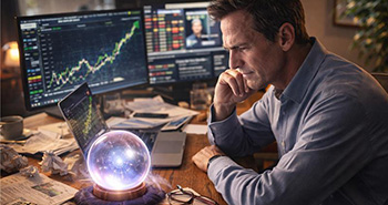 ein Mensch sitz an einem Tisch und starrt auf eine Hand gest&uuml;tzt in eine Glaskugel