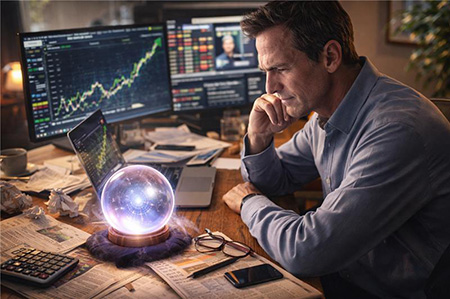 ein Mensch sitz vor einer Glaskugel an einem Tisch