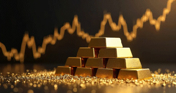 ein Stabel an Goldbarren vor dem Hintergrund mit einem Chartverlauf. Alles in goldenen Farben