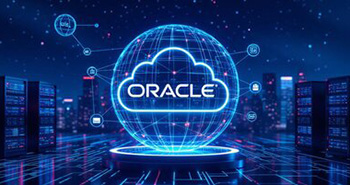 eine digitalisierte Wolke mit Oracle-Logo zwischen Computer-Servern