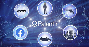Logo von Palantir umringt mit runden Symbolen, die Siziale medien, Politik und andere Bereiche abbilden, darstellen