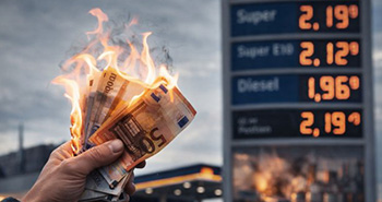 eine Hand mit brennenden Gelscheinen vor einer Tankstelle mit Preisangaben zu Spritpreisen