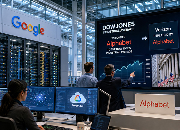 eine Frau sitzt vor Zwei Computerbildschirmen und Google und Alphabet Logos vor sich