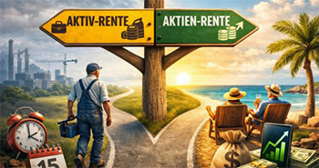 ein steht vor einem Wegweiser: links geht es zur Aktiv-Rente und rechts zur Aktienrente