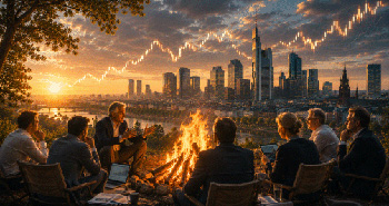mehrere Personen abends um ein Lagerfeuer in freier Natur