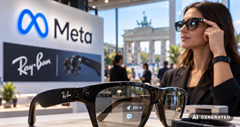 eine Frau tr&auml;gt Sonnenbrille vor dem Meta Logo. AI generated