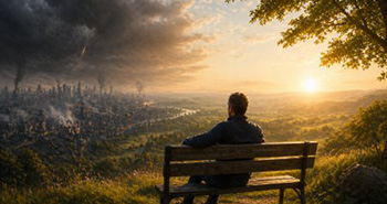 ein Mann siitzt beim Sonnenuntergang auf einer Bank und schaut auf eine Stadt runter