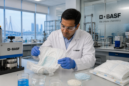 BASF-Mitarbeiter untersucht in einem modernen Labor in Mumbai eine Windel und Materialien f&uuml;r Superabsorber