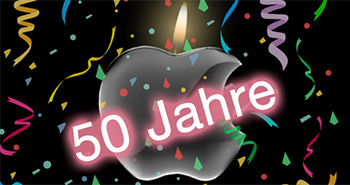 Apple Logo mit einer Kerze und dem Schriftzug '50 Jahre'