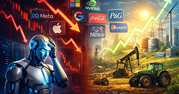 ein Roboter h&auml;lt sich den Kopf und Logos von den Techkonzernen &uuml;ber ihm