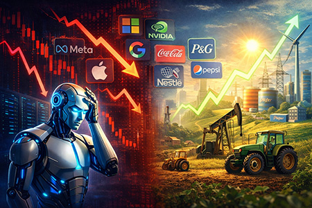 ein Roboter, der sich die Hand an den Kopf h&auml;lt und mehrere Logos der Techfirmen