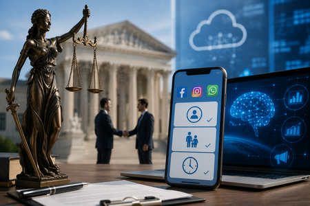 Justitia vor einem US-Gerichtsgeb&auml;ude, zwei Gesch&auml;ftsleute beim Handschlag sowie ein Smartphone mit Jugendschutz-Symbolen und ein Laptop mit KI-Grafik.