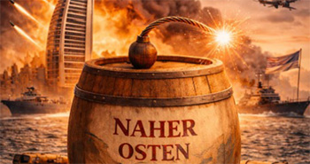 Pulverfass mit brennender Lunte und der Beschriftung: NAHER OSTEN, Krieg im Hintergrund