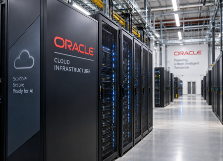 Modernes Oracle-Rechenzentrum mit Serverreihen, Cloud-Infrastruktur und gut sichtbarem Oracle-Logo.