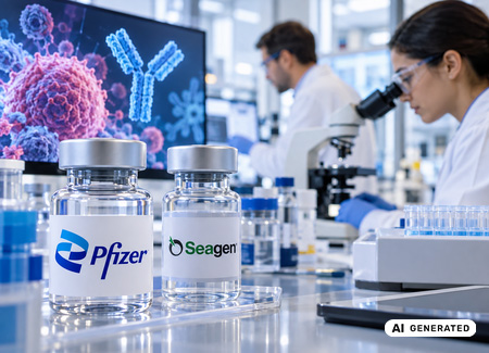 Modernes Forschungslabor mit Pfizer- und Seagen-Medikamentenfl&auml;schchen im Vordergrund sowie Forschenden und Krebsforschung auf einem Bildschirm im Hintergrund.