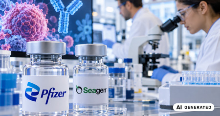 eine Frau vor einem Mikroskop und zwei Flaschen mit der Beschriftung Pfizer draus. AI generated