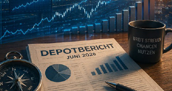 ein Schreibtisch mit dem Depotbericht drauf liegend. davor Eun Wegweiser-Schilde mit SpaceX, Open AI und ZUkuft gestalten drauf
