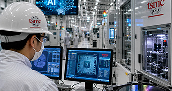 ein Mann in einer Farbirkhalle mit Mundschutz und TSMC auf dem Bildschirm