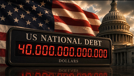 eine Anzeige mit der Zahl von 40 Billionen vor einer US-Flagge