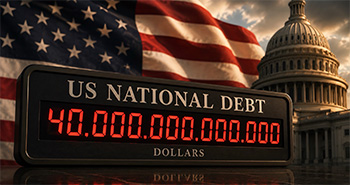 eine Anzeige mit der Zahl von 40 Billionen vor einer US-Flagge