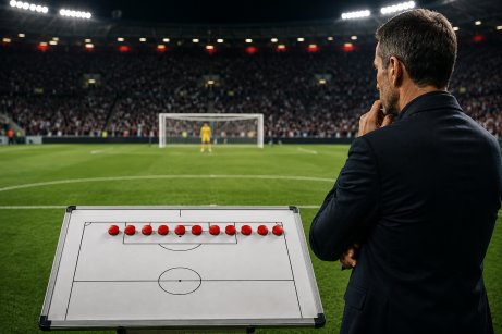 ein Mann vor einem Fu&szlig;ballfeld mit einer Taktiktafel f&uuml;r elf Spieler