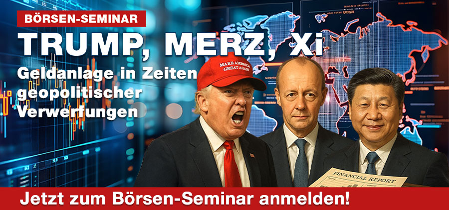Trump, Merz, Xi nebeneinander. Verlinkung zur Seminar 2025-Anmeldeseite.